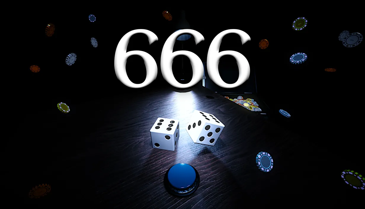 666 key art: two dice under a desk lamp beside a blue button