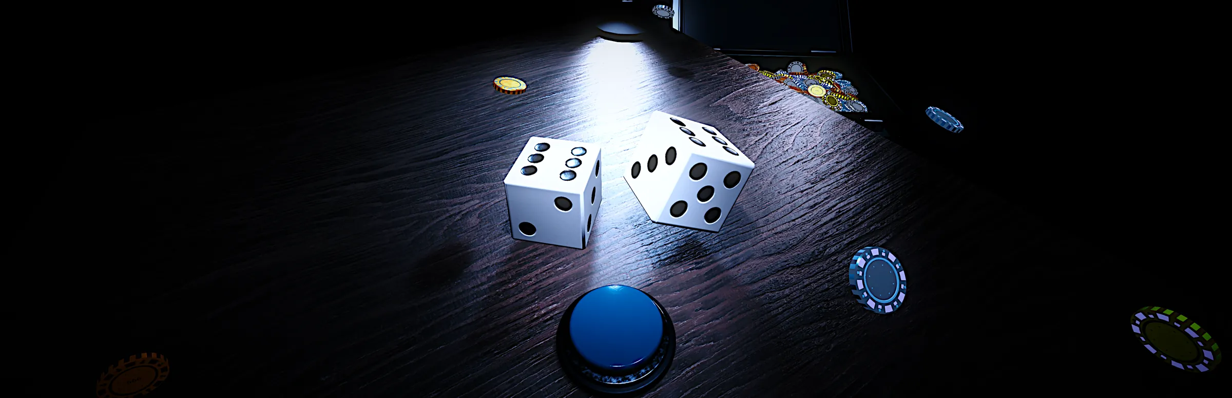 Two white dice under a desk lamp next to a blue button, with poker chips scattered across a dark table