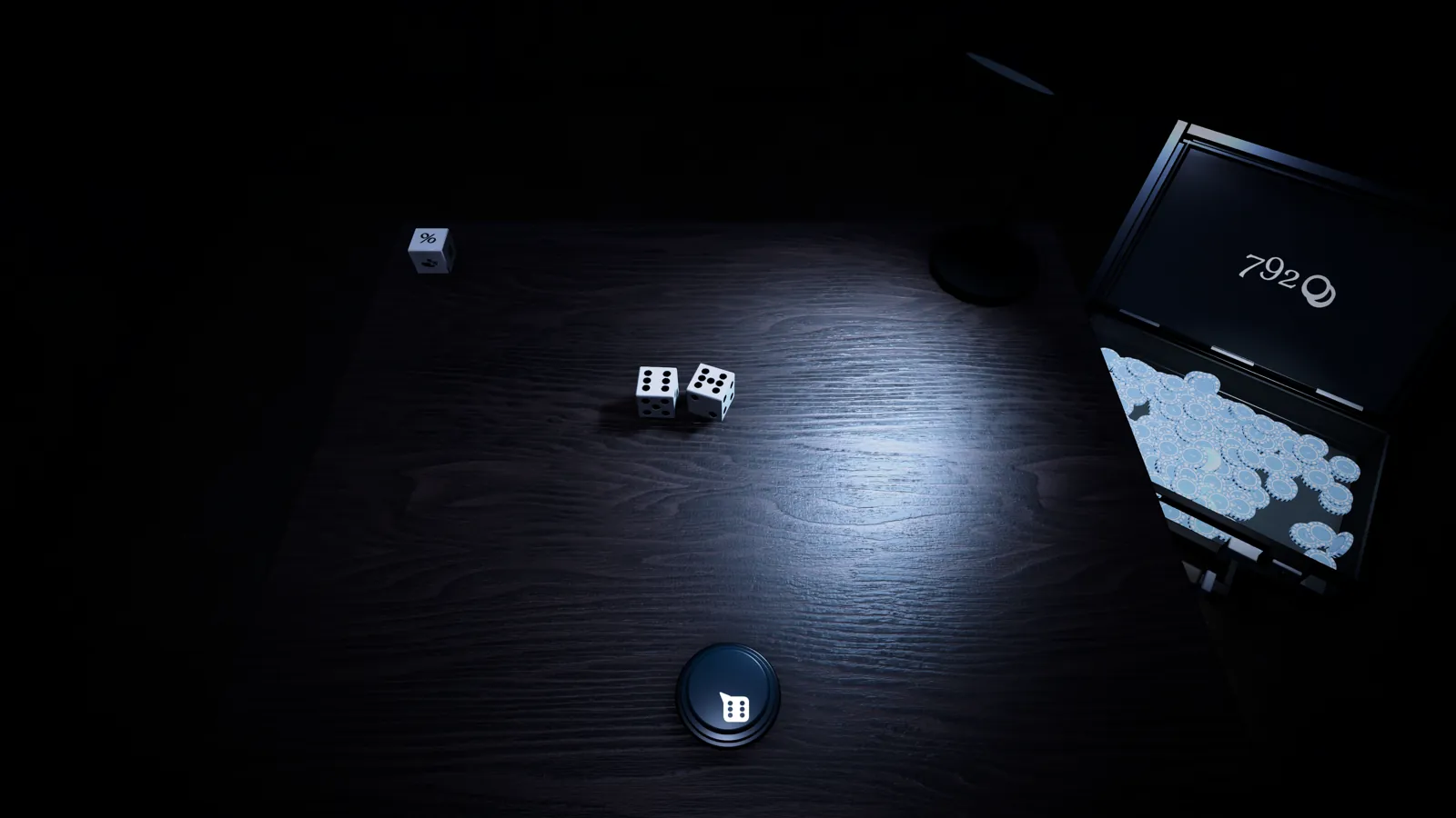 Two dice side by side on the table with silver coins in the chest