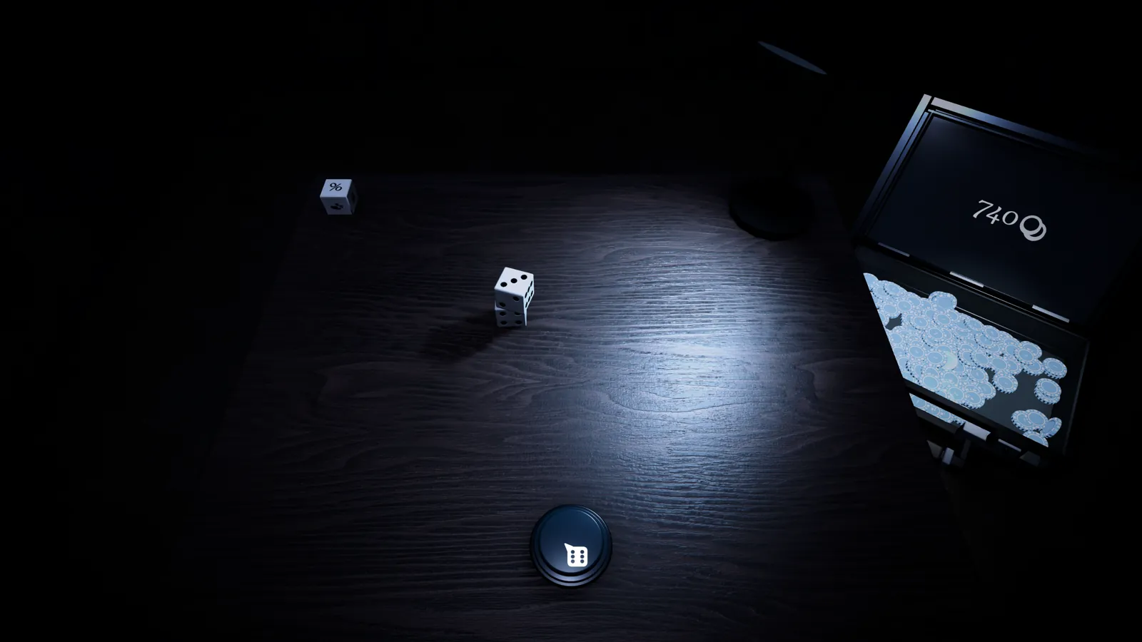 A die on the table with silver coins in the chest
