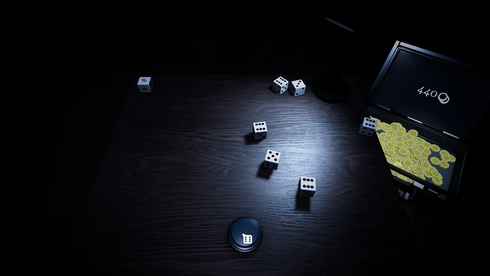 Six dice spread across the table with gold coins in the chest