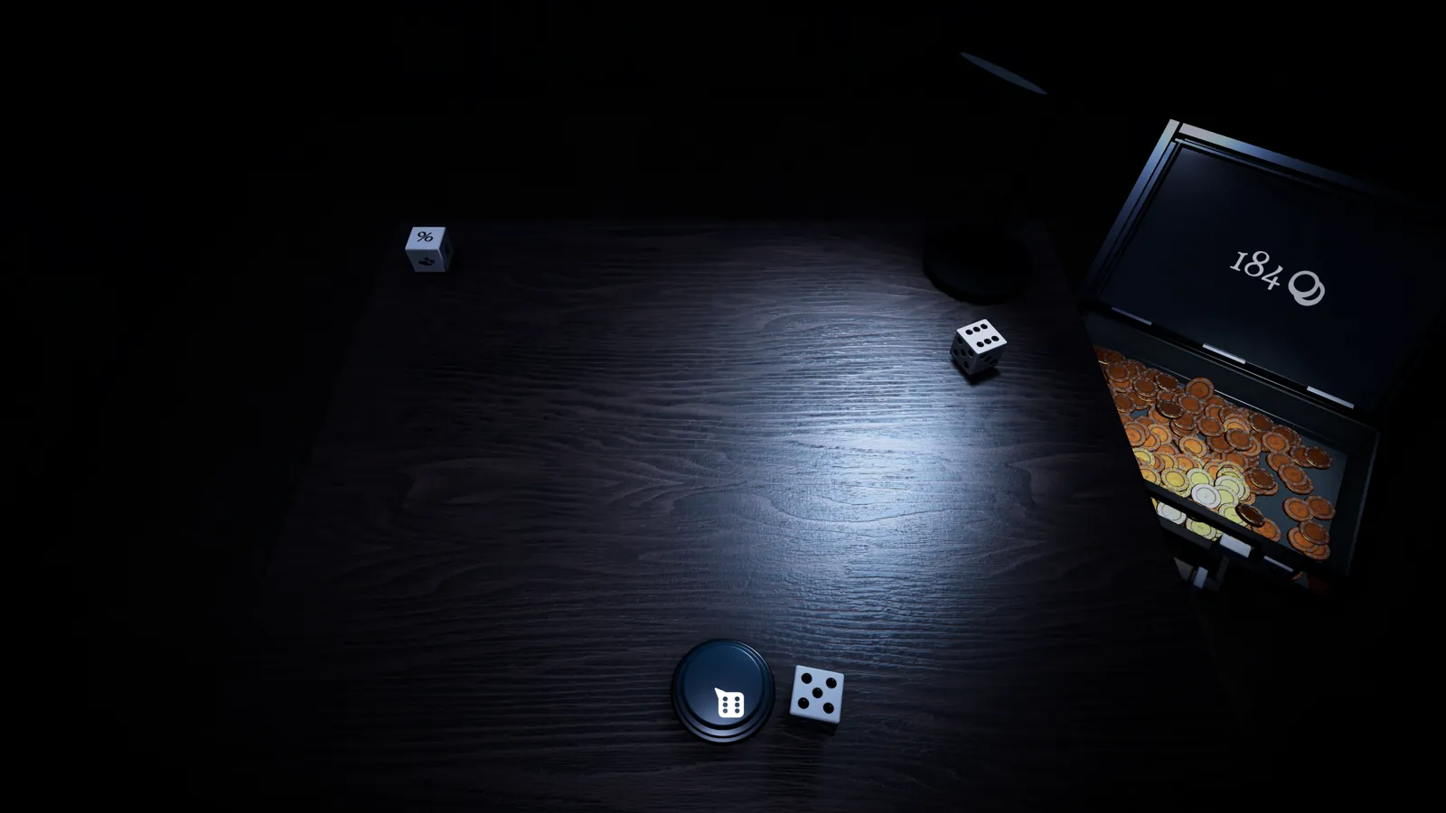 Two dice on the table while copper coins fill the open chest